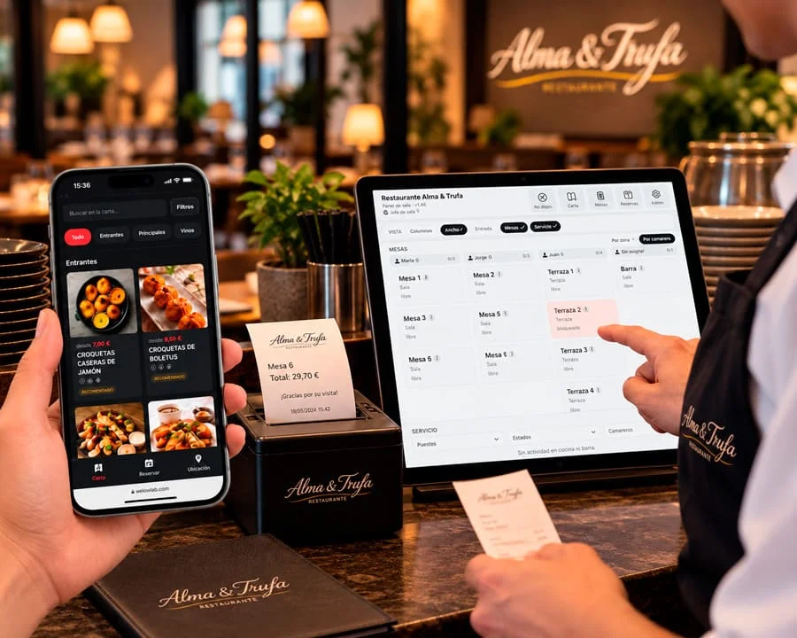 Carta digital de camareroGO en el móvil de un cliente con el panel de sala en una tablet detrás