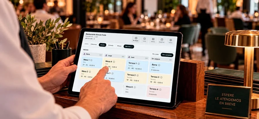 Camarero ocupando una mesa desde la tablet del panel de sala